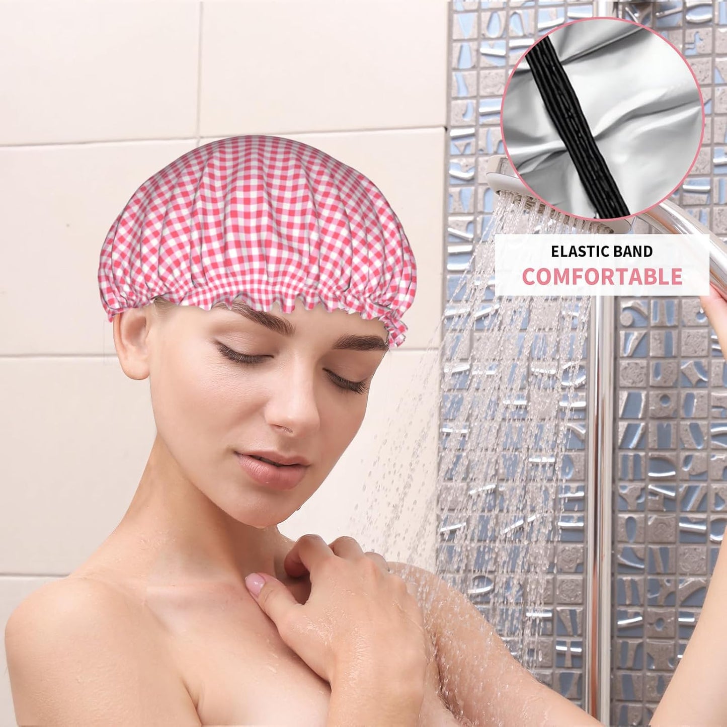 Red Pink Checkered Shower Caps for Women Red Plaid Dual-Layer Waterproof Bath Hat Classic Checkered Pattern Elastic Reusable Hair Cap for Shower Cooking Clean Makeup