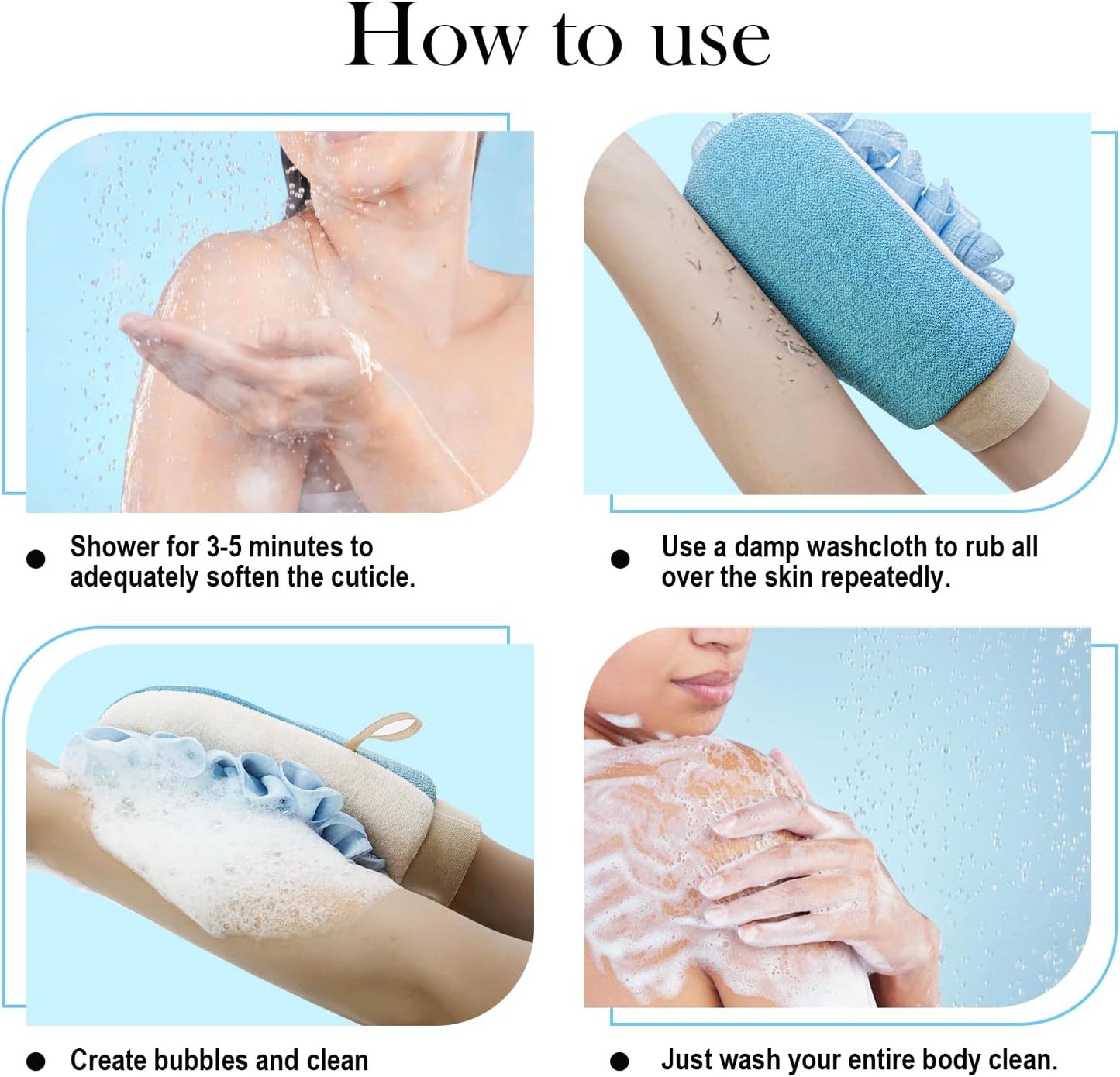 ‌Dual-Function Exfoliating Glove for Shower- Body Scrubber & Shower Loofah 2-in-1 - Korean Exfoliating Mitt for Smooth Skin - Remover Dead Skin and Keratosis - Blue (1-Pack)