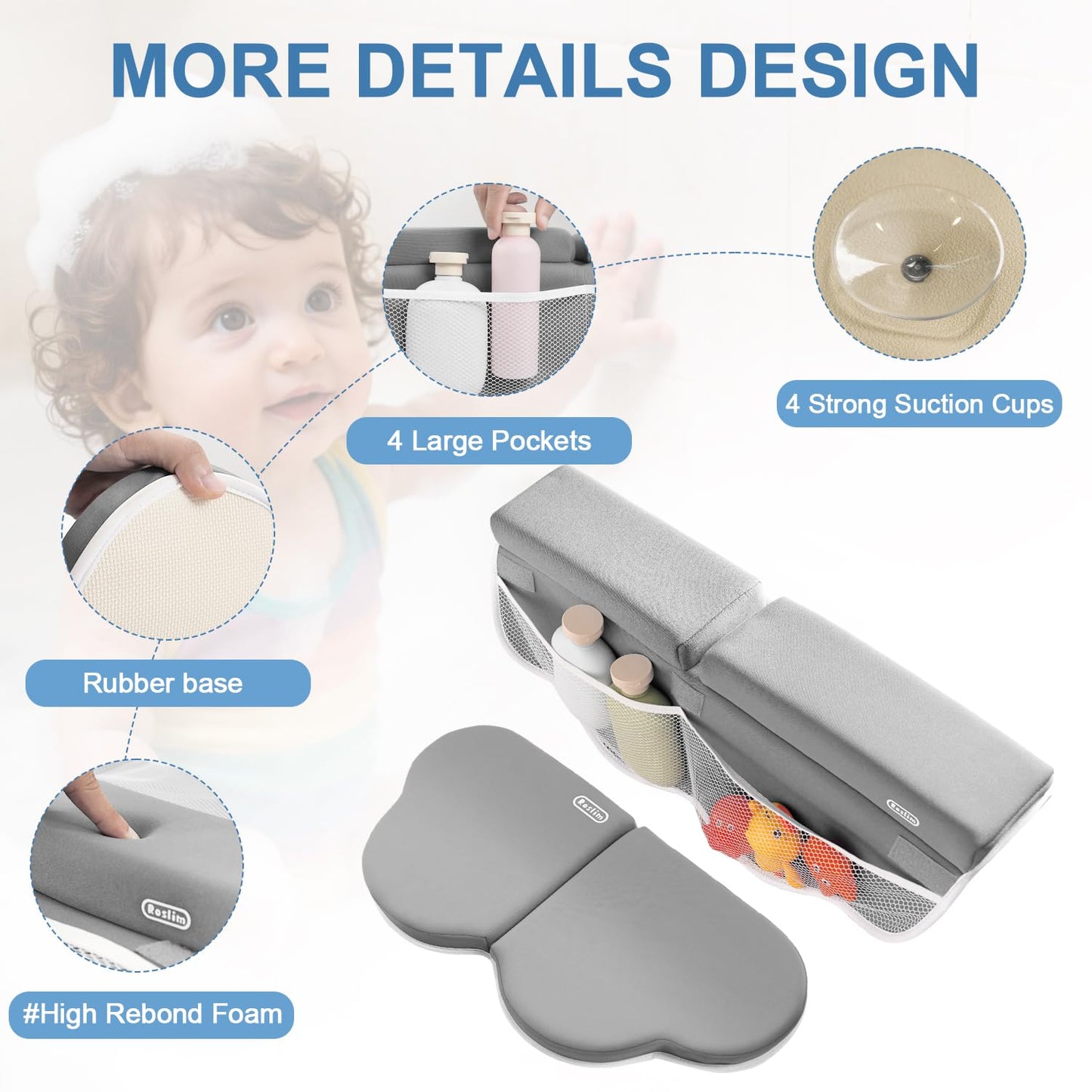 Roslim Bath Kneeler and Elbow Rest Pad Set - Quick Dry Soft Bath Mat Bundle - Non-Slip Durable Foam Kneeling Pads for Bathing, Tub Arm Rest with Toy Storage Pockets - Machine Washable, Grey
