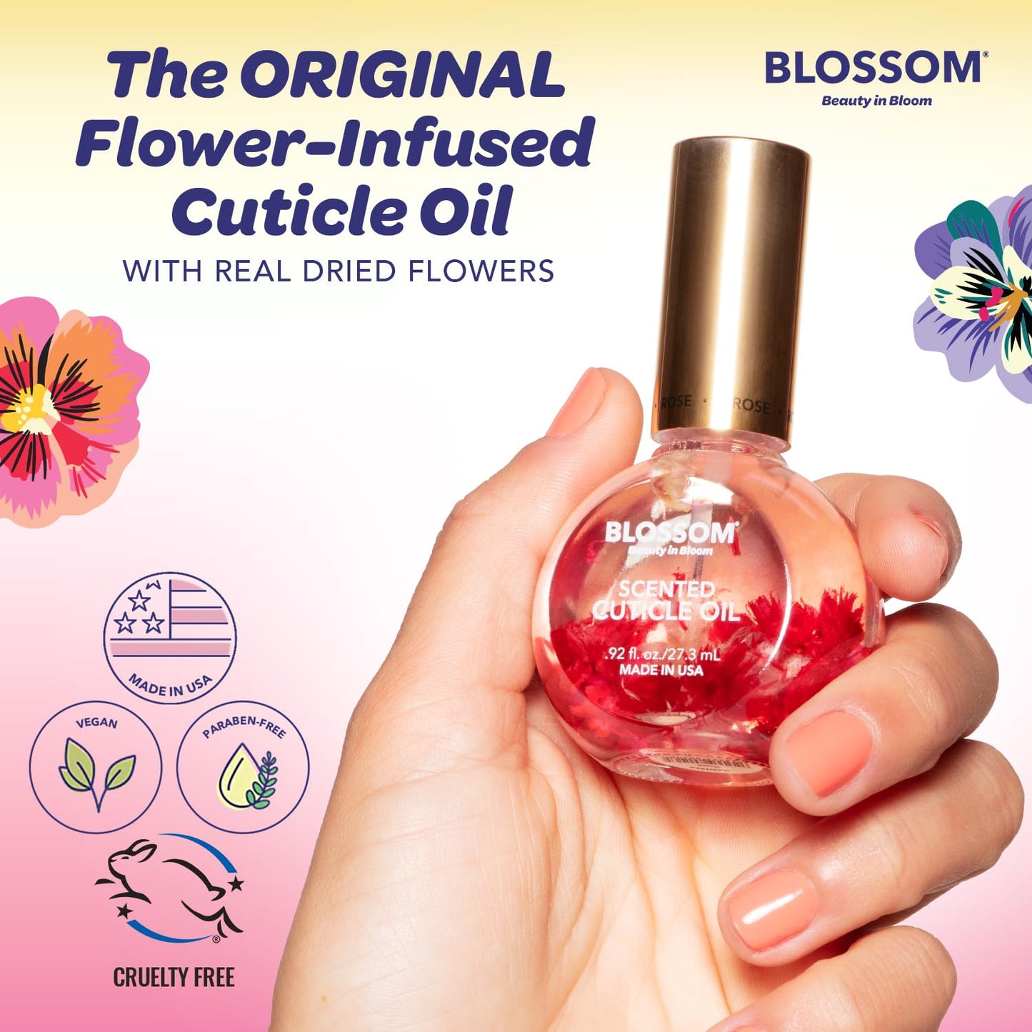 Blossom Cuticle Oil for Nails, Hydrating, Moisturizing, Scented Nail Oil Cuticle Care, Infused with Real Flowers, Made in USA, 0.92 fl. oz, Hibiscus