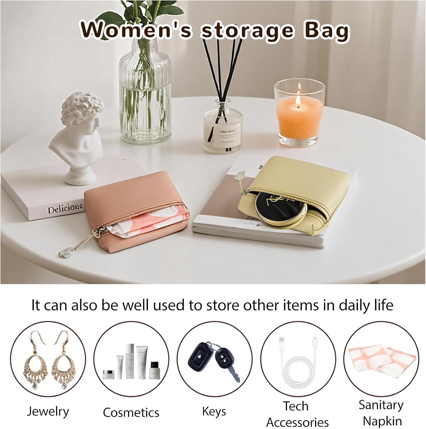YDR Period Bag for Women, Soft Cotton Sanitary Napkin Storage Bag, Cute Cosmetic Pouch for Travel with Zipper