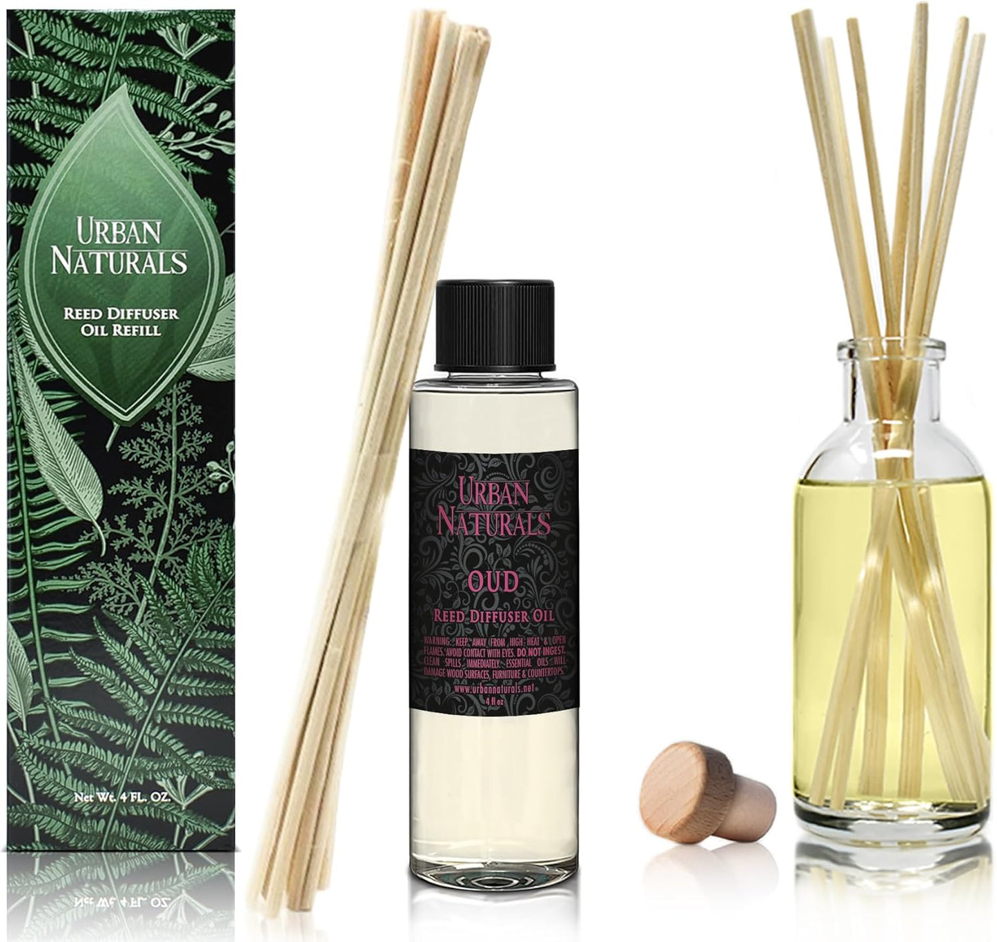 Urban Naturals Reed Diffuser Oil Refill, Oud Diffuser Oil with Raspberry, Warm Amber, Bergamot, 4 oz + Free Reed Sticks, Made in The USA