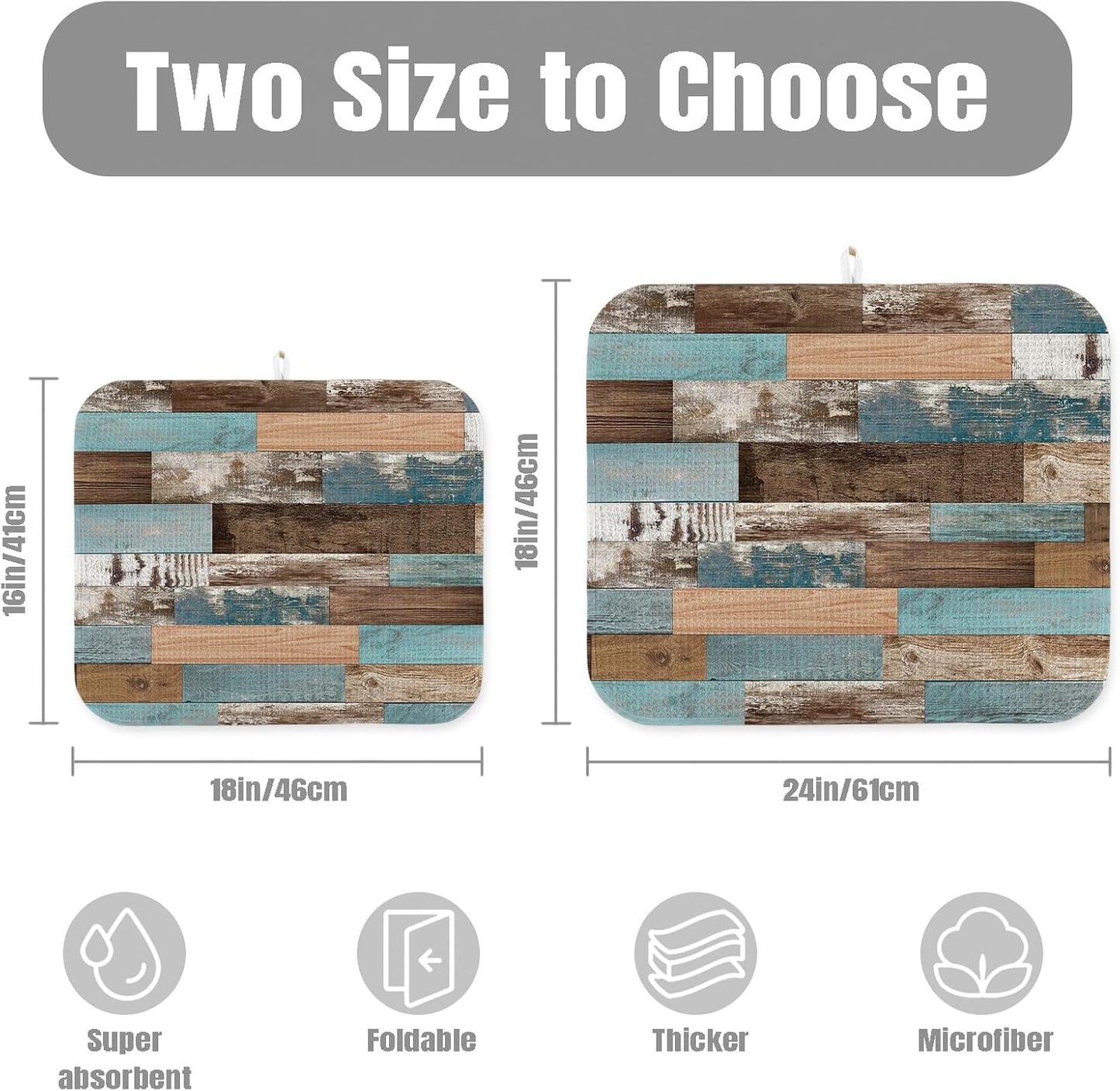 Dish Drying Mat for Kitchen Counter Large 16" x 18" Farmhouse Rustic Wood Absorbent Microfiber Dishes Drainer Rack Mats Pad Reusable Washable