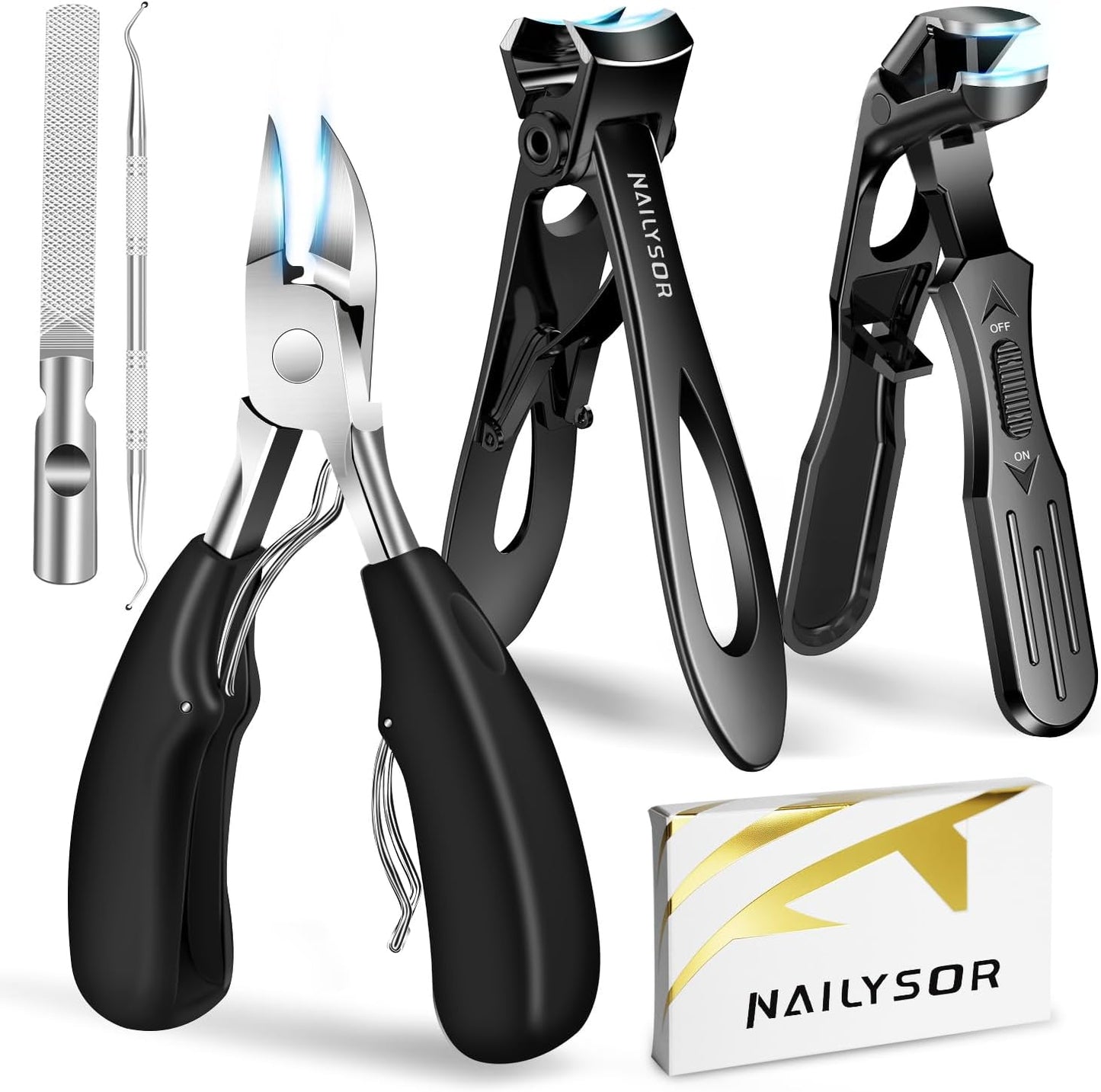 Toenail Clippers for Seniors for Thick Nails, 5Pcs Nail Clippers for Men Angled Head, Toe Nail Clippers Wide Jaw Opening with Catcher, Heavy Duty Ingrown Fingernail Clippers Long Handle for Women