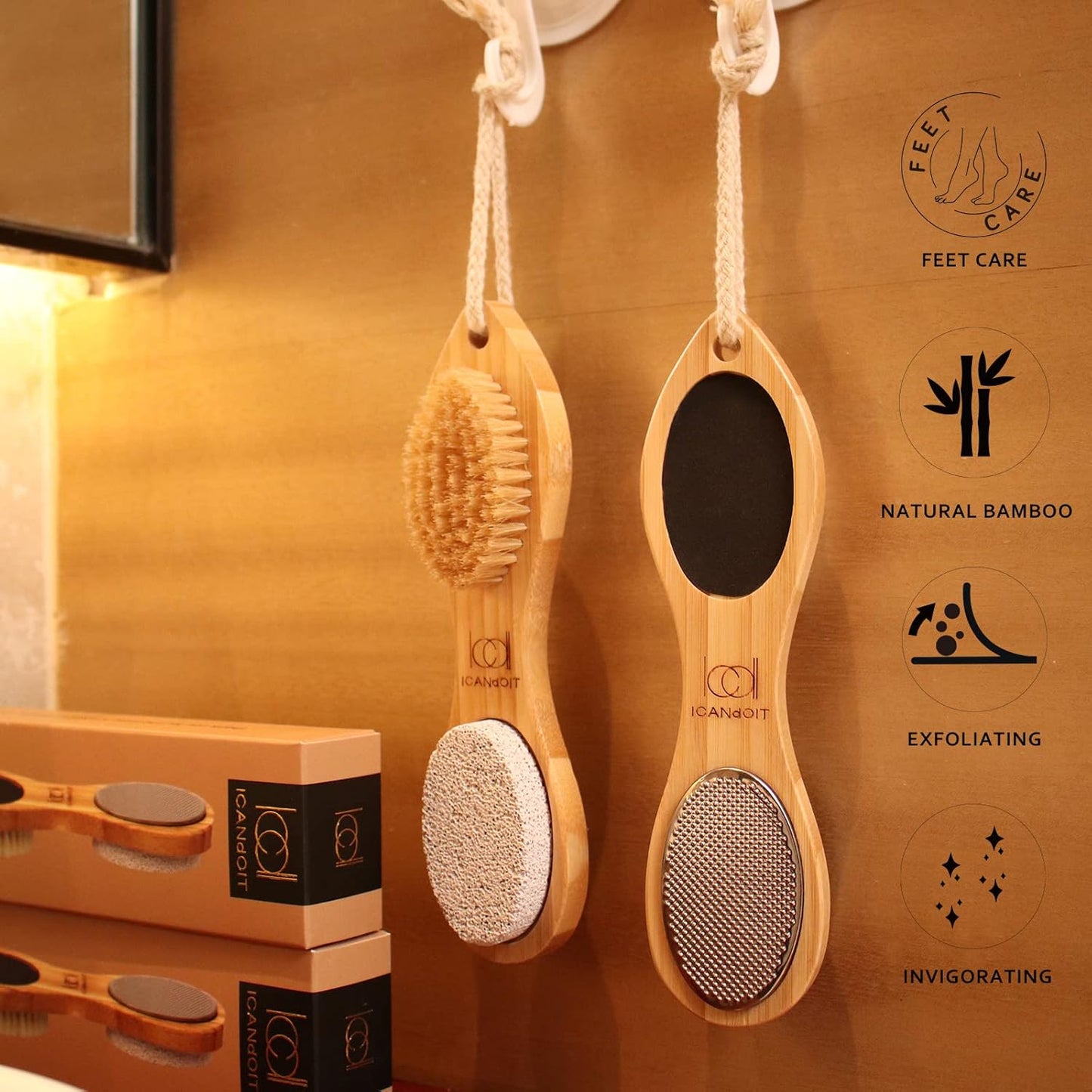 ICANdOIT-2 Packs Natural Bamboo Foot File Callus Remover-Multi Purpose 4 in 1 Feet Pedicure Kit with Boar Bristle Brush,Pumice Stone,Foot Rasp,Sand Paper