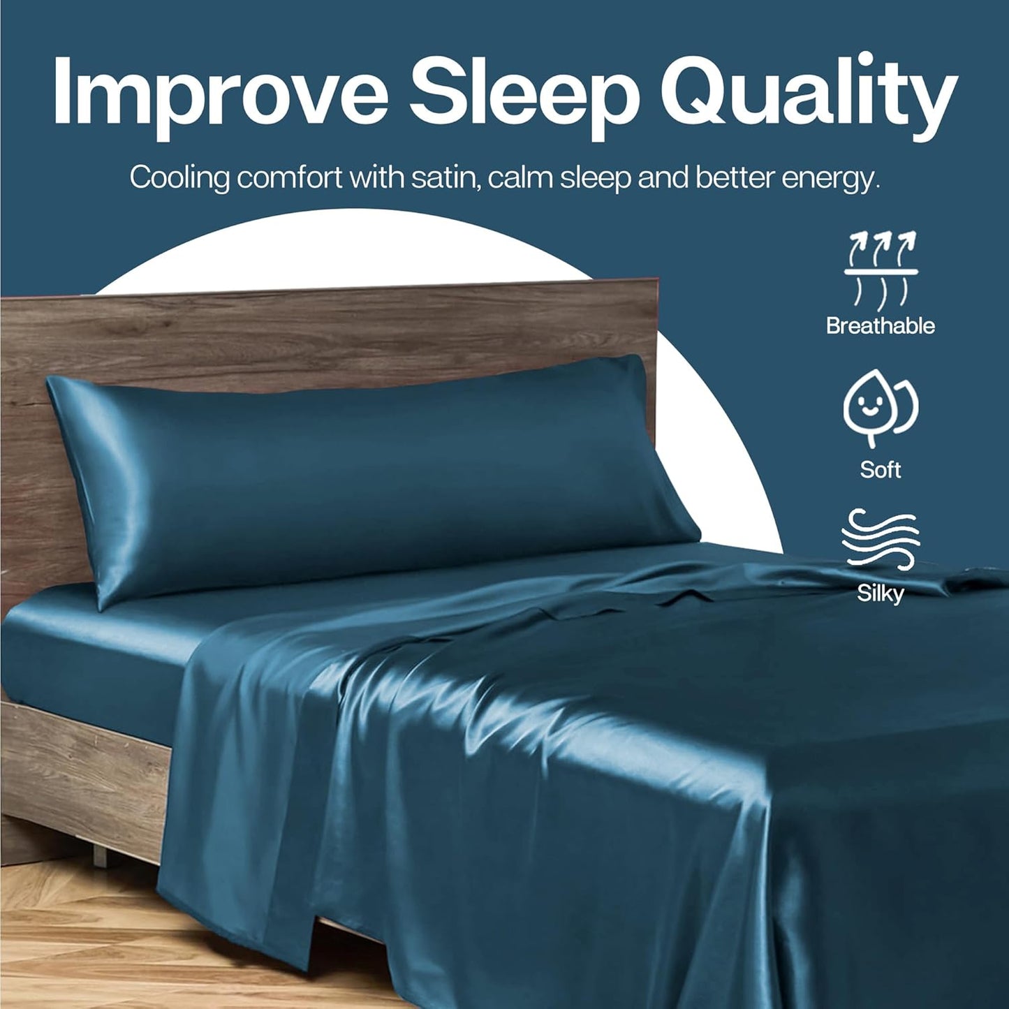 MR&HM Satin Body Pillow Cover, Soft and Breathable Body Pillow Case with Envelope Closure, Cooling and Silky Long Pillowcase for Hair and Skin,Grey (20x54, Teal)