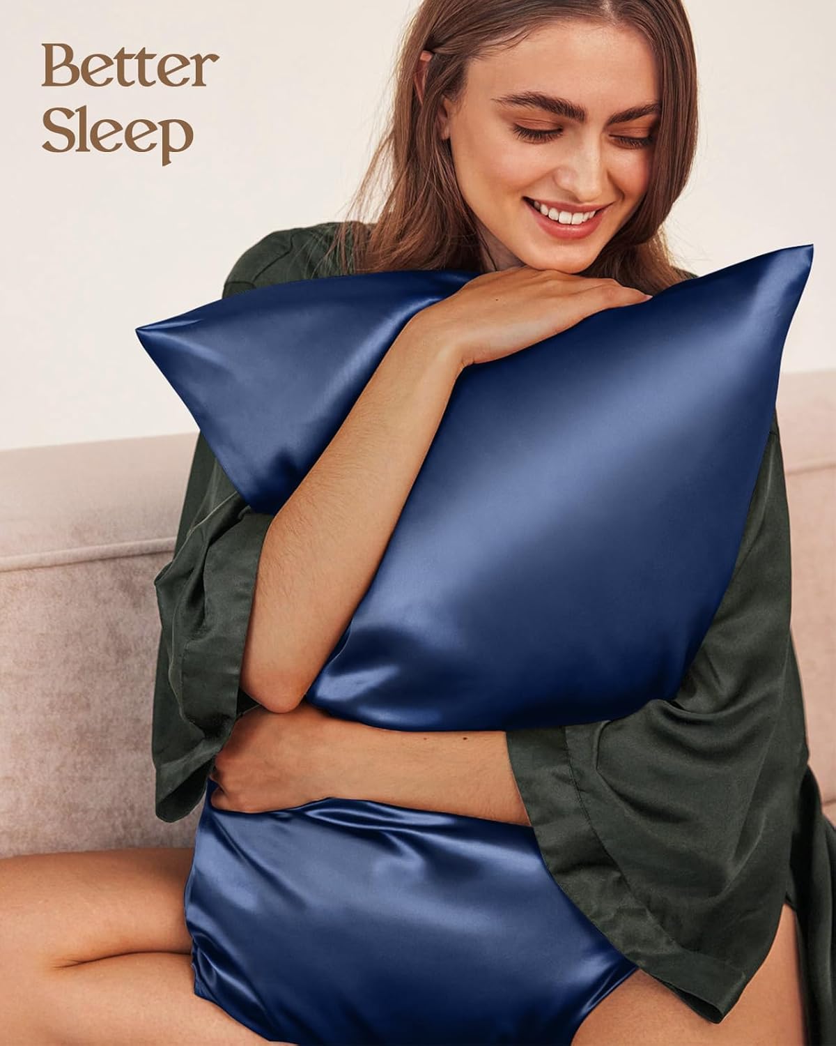 Silk Pillowcase 2 Pack - Pillow Cases Standard Set of 2 Size 20" x 26" for Hair and Skin Smooth Soft Breathable with Hidden Zipper Cooling Pillow Covers for Women, Navy Blue