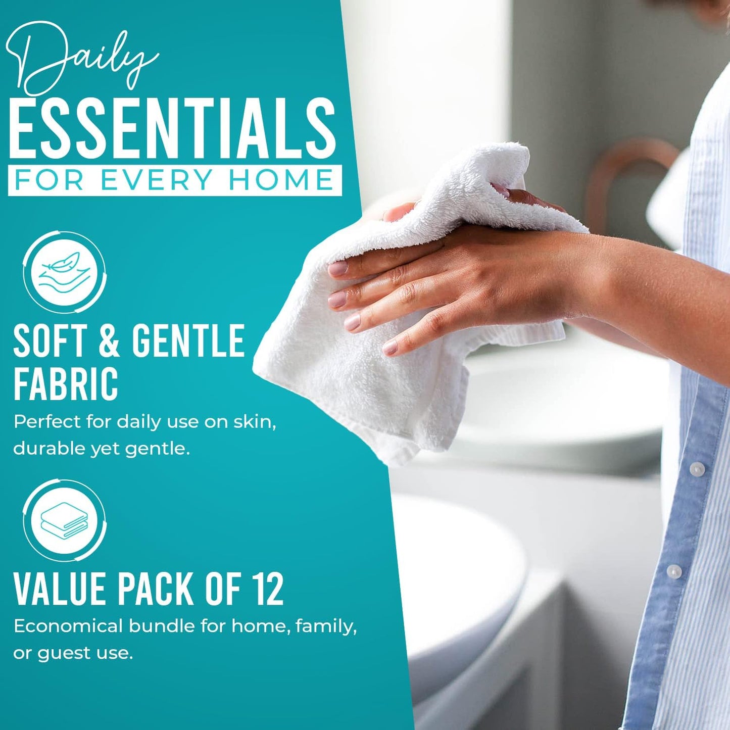 DAN RIVER 100% Cotton Wash Cloths 12 Pack [12x12] Soft & Absorbent face Towel for Showering, Gym, Hotels & Spa Perfect for Everyday Use Fingertip Towels, Turquoise