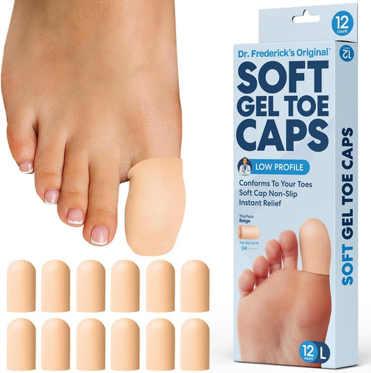 Dr. Frederick's Original Gel Toe Protectors for Men & Women - 12 ct - Toe Caps for Foot Pain Relief - Flexible Cushions for Ingrown Toenails, Corns, Calluses, Blisters, and Comfort -Beige - Large