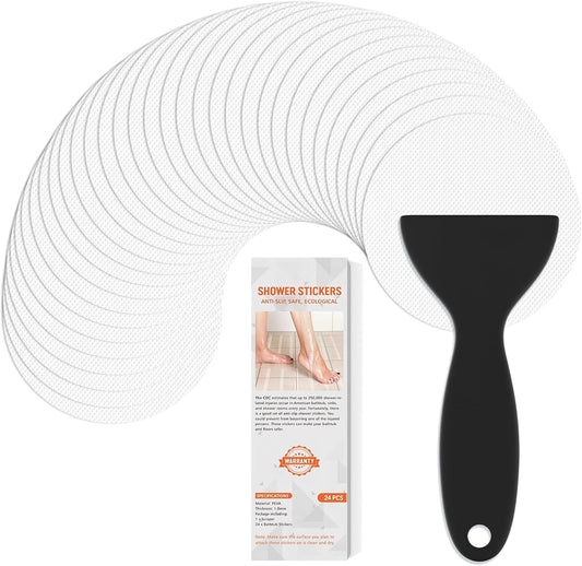 Non Slip Bathtub Stickers, 24 PCS Shower Stickers for Safety Bathroom Tubs, Bathtub Non Slip Stickers and Adhesive Decals Scraper for Bath Tub, Shower Floor, Stairs, Ladders(Round Shape, White)