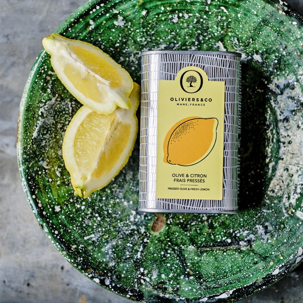 Cold Pressed Lemon Olive Oil by Oliviers & Co | Extra Virgin Olive Oil with Fresh Whole Lemons | Gourmet Italian EVOO for Seafood, Vegetables & Desserts | 8.4 Fl Oz in Metal Tin