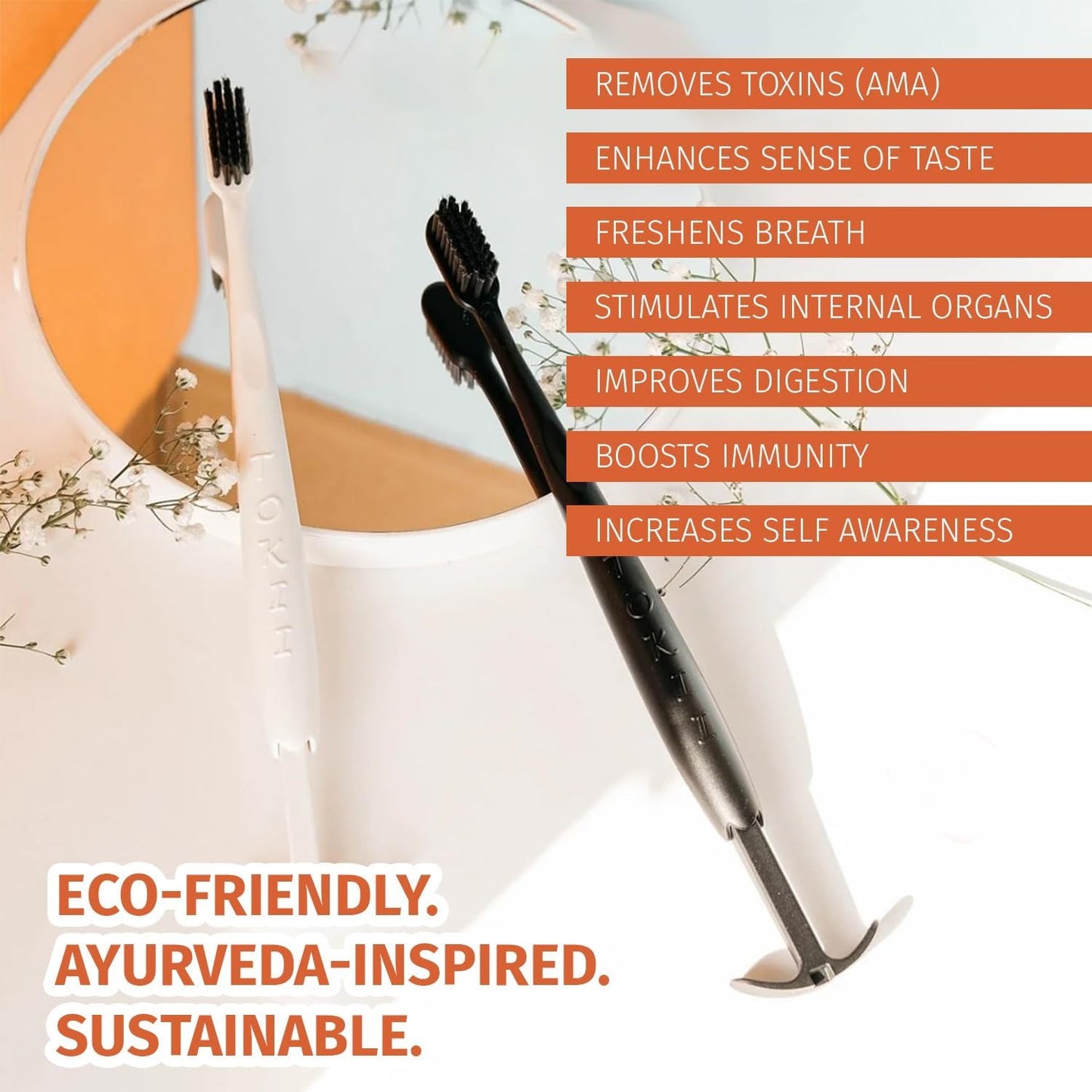 TOKII Tongue Scraper Cleaner Charcoal Bristles Toothbrush for Bad Breath with Waterproof Pouch for Travel, Hygienic Stand and Enviromentally Friendly (Black, Pack of 1)