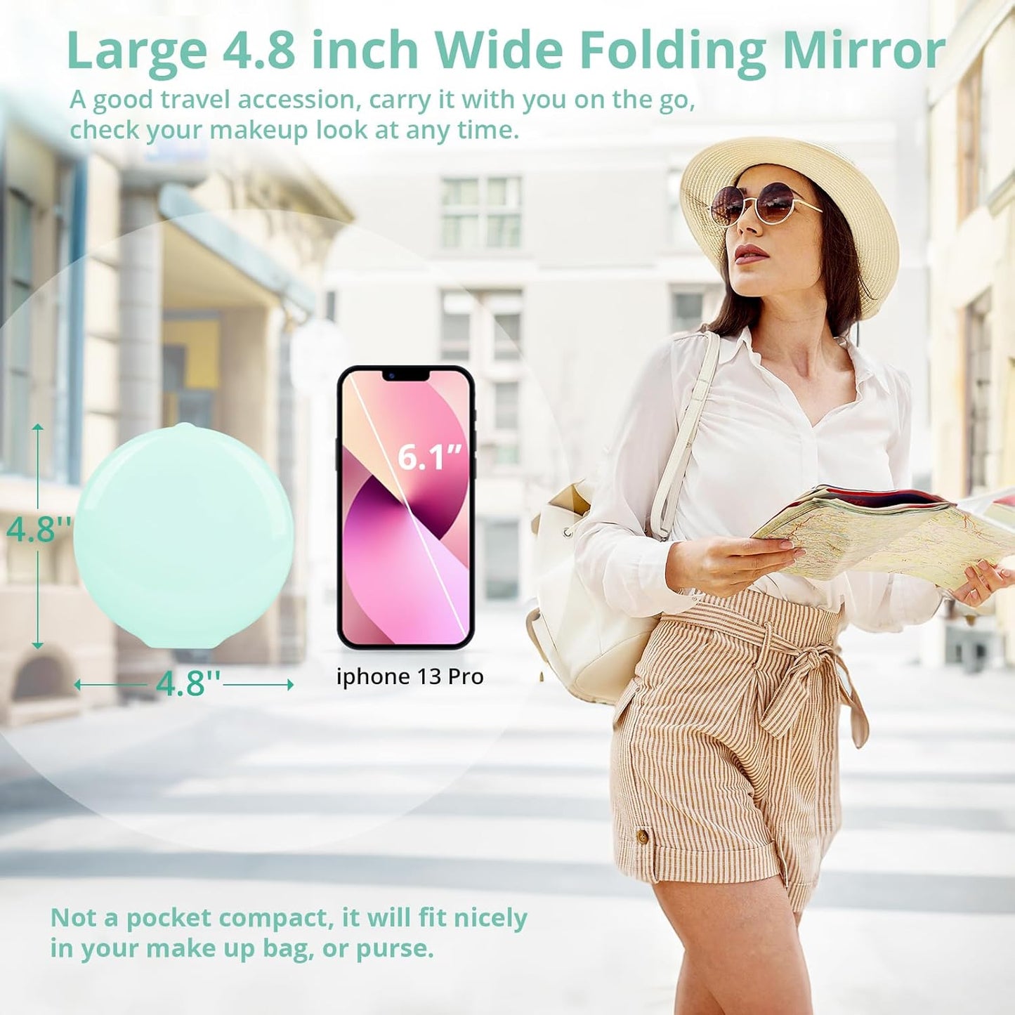 Fabuday Travel Compact Magnifying Makeup Mirror with Lights - Large 4.8'' Wide Led Lighted Portable Mirror with 1x/20x Magnification, Rechargeable Small Foldable 3 Color Lighting Mirrors, Cyan