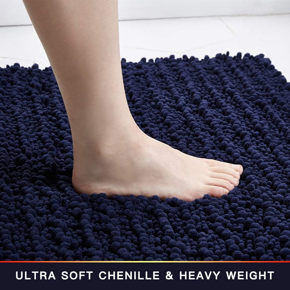 Walensee Bathroom Rug Non Slip Bath Mat (44x24 Inch Navy) Water Absorbent Super Soft Shaggy Chenille Machine Washable Dry Extra Thick Perfect Absorbant Best Large Plush Carpet for Shower Floor