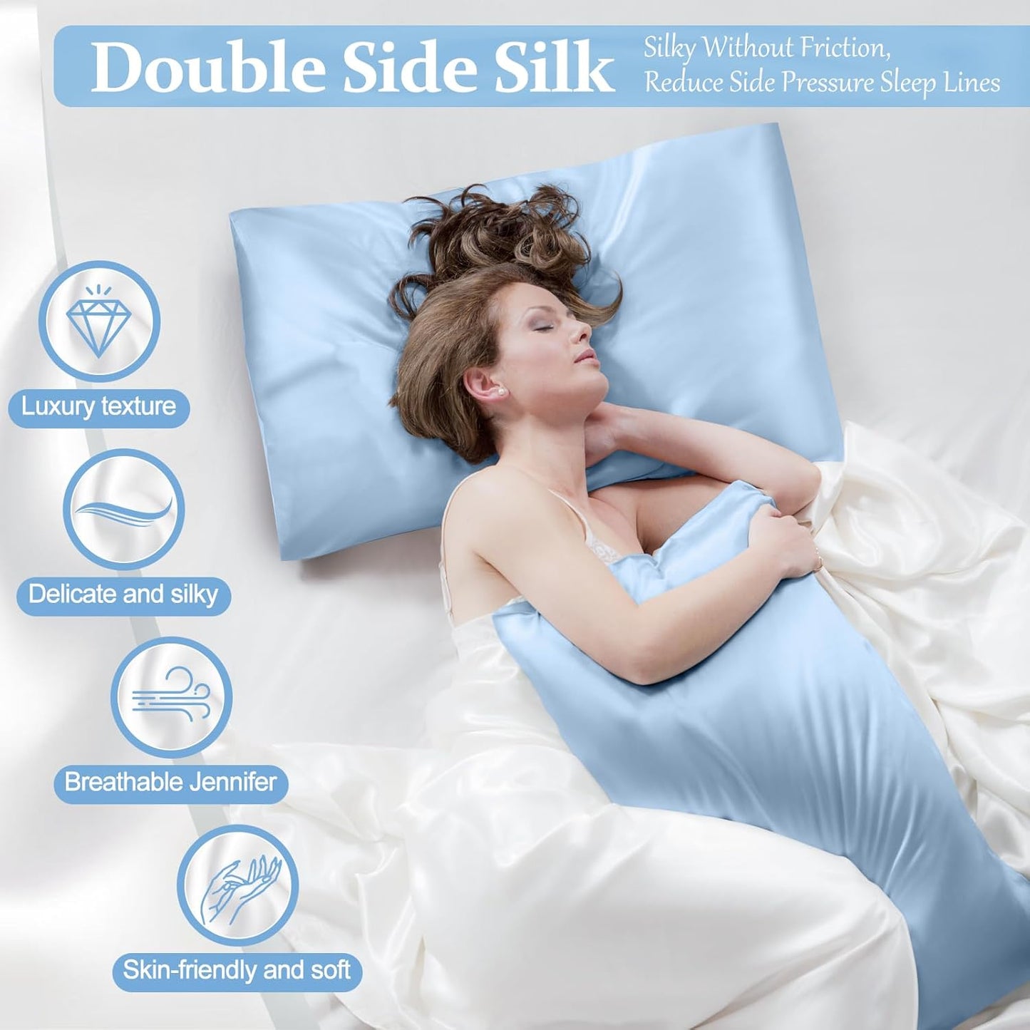 2 Pack 100% Pure Silk Pillowcase for Hair and Skin, Both Sides Mulberry Silk Pillowcases with Hidden Zipper, Cooling Pillowcase 19 Momme, 600 Thread Silk Pillow Cases Standard Size, Light Blue