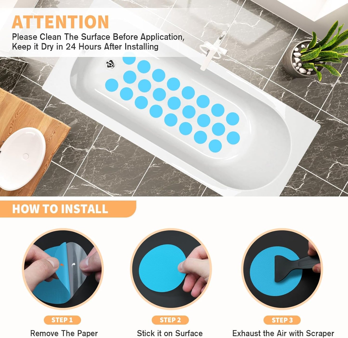 Non Slip Bathtub Stickers, 24 PCS Shower Stickers for Safety Bathroom Tubs, Bathtub Non Slip Stickers and Adhesive Decals Scraper for Bath Tub, Shower Floor, Stairs, Ladders(Round Shape, Blue)