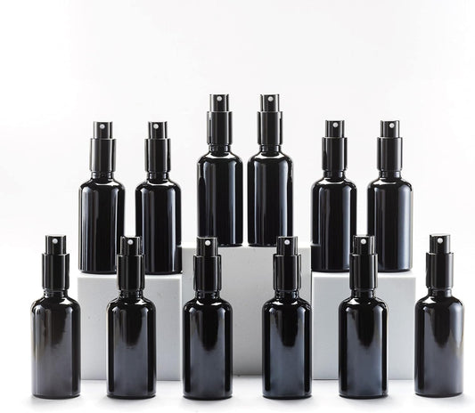 YIZHAO Black Glass Spray Bottles 2oz, with Small Fine Mist Spray, Metal Cap, Refillable for Essential Oil,Travel,Cleaning,Perfume,Aromatherapy,Makeup – 12 Pcs