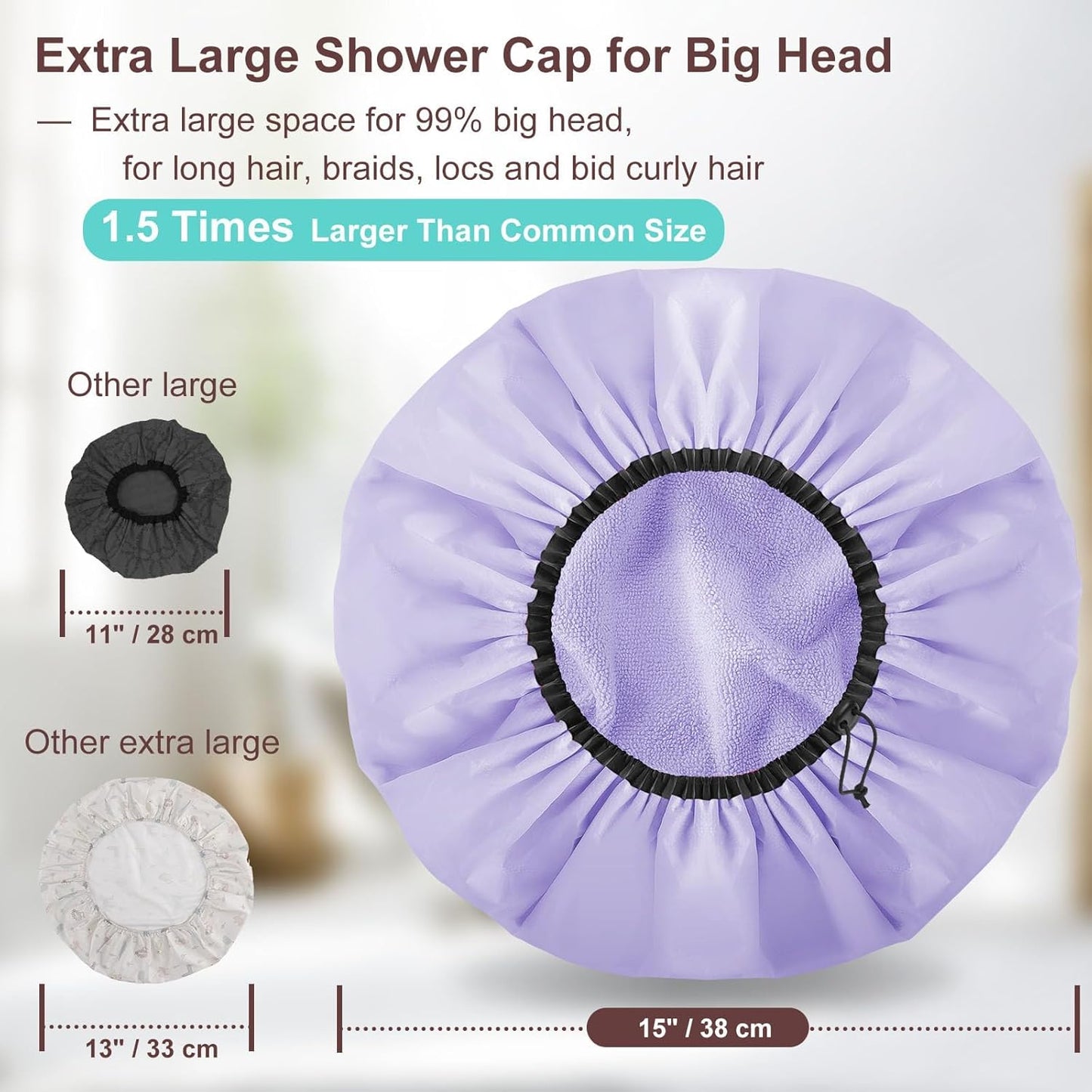 2 Pcs 15" XL Extra Large Terry Lined Shower Cap, Adjustable Dual Waterproof Shower Cap for Women Reusable Soft Hair Cap Bath Cap for Long Braids, Thick Hair, Locs, Curly Hair