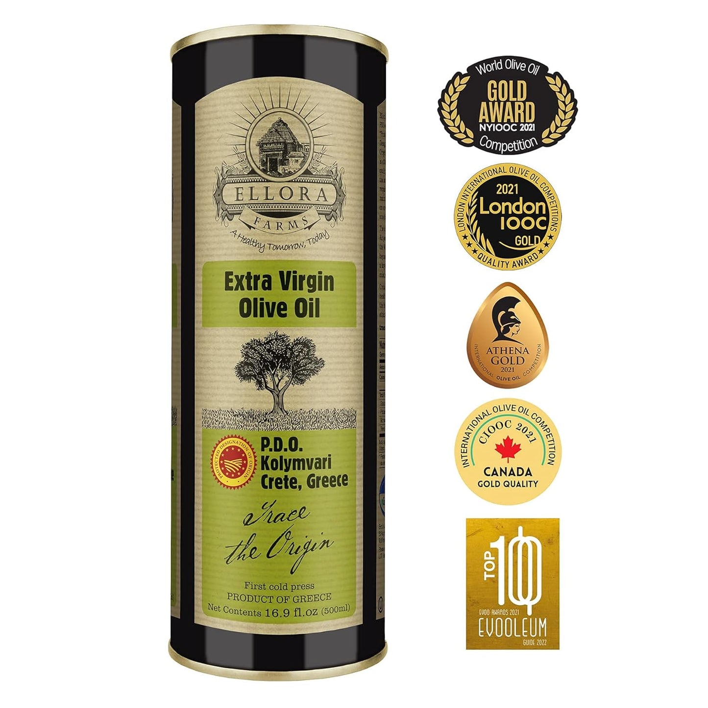 Ellora Farms, Certified PDO Extra Virgin Olive Oil, Single Estate, Single Origin, Single Variety, Cold Press & Traceable Olive Oil, Crete, Greece, Kosher CRETE 16.9 Fl Oz (Pack of 1)
