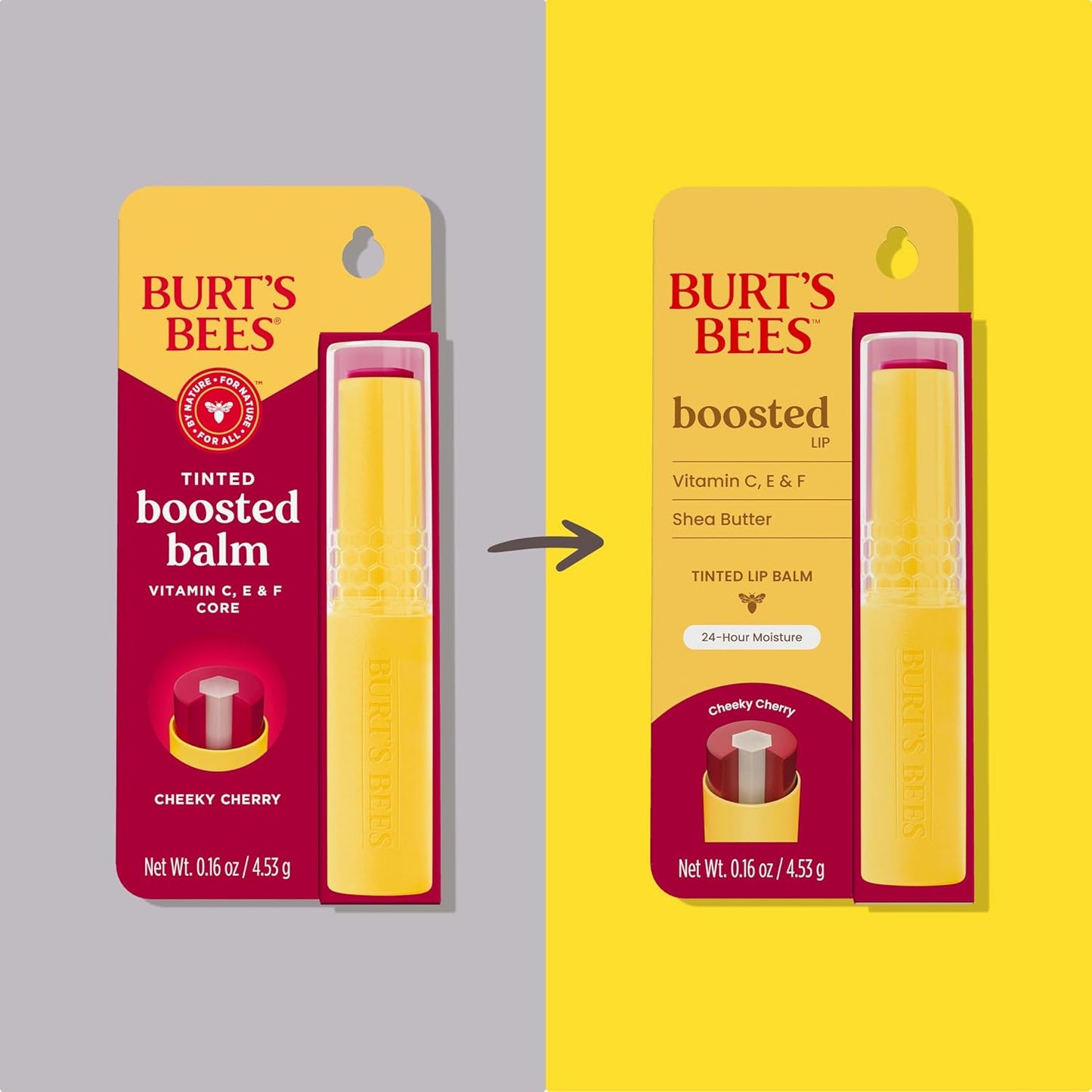 Burt's Bees Tinted Boosted Balm, Cheeky Cherry, Hydrating Tinted Lip Balm with Vitamin C, E, and F Core, 24 Hour Lip Moisturizer with Responsibly Sourced Beeswax, 100% Natural Origin, 1 Count, 0.16oz