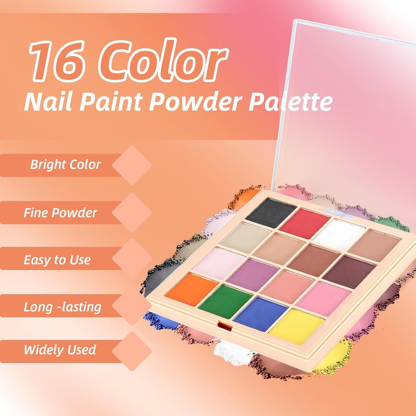 Nail Pigment Powder Palette Set, 16 Colors Ombre Nail Powder Palette with 100pcs Sponges & Tweezers French Aura Nails Ombre Nail Brush Nail Long-lasting Manicure Art DIY Accessories 09 Set