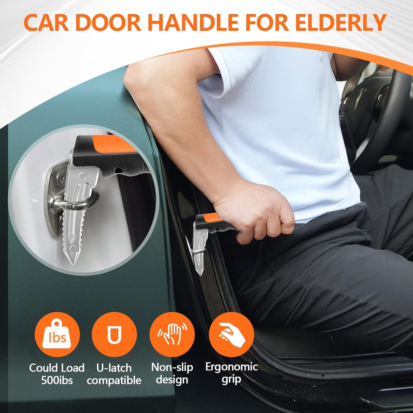 Car Door Handle for Elderly - 2025 New 3-in-1 Car Handle Assist, 2 Pack Auto Cane Portable Vehicle Support Handle Door Assist Bar, Max Load 500 Lbs, Anti-Slip Design (Orange-1-Pack Car Handle)
