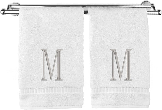 Monogrammed Hand Towel, Personalized Initial Gift, Extra Absorbent 100% Turkish Cotton - Soft Terry Finish - Set of 2 - Silver Block Initial M - Embroidered on White Towels