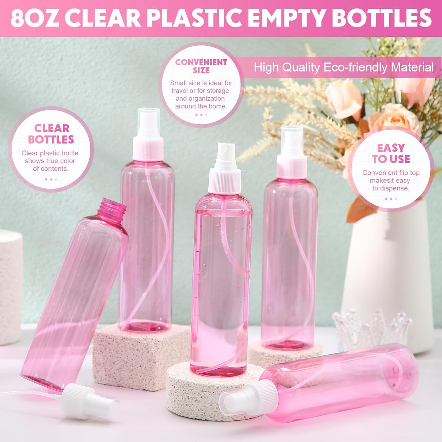 Eccliy 32 Pcs 8 oz Spray Bottles Fine Mist Cleaning Bottles Clear Empty Plastic Travel Sprayer Refillable Sprayer with Cap for Cleaning Solutions Oils Travel Perfumes(Pink,Clear)