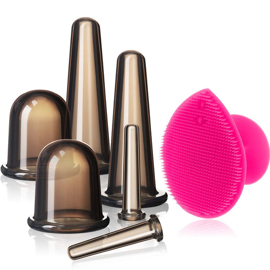 BBTO Silicone Facial Cupping Set, Vacuum Massage Cup Kit for Body, Face, Neck, Back, and Eye, 6 Cups and Exfoliating Brush(Black)