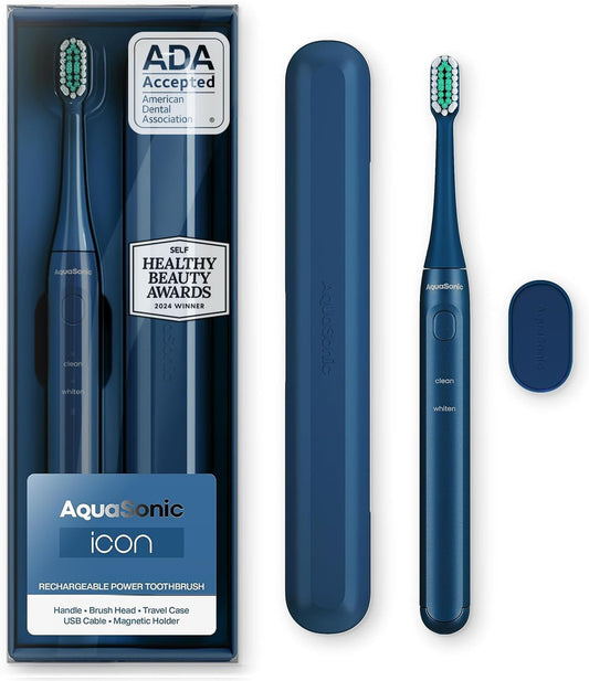 Aquasonic Icon ADA-Accepted Rechargeable Toothbrush | Magnetic Holder & Slim Travel Case | 2 Brushing Modes & Smart Timers | Gentle Micro-Vibrations (Navy)