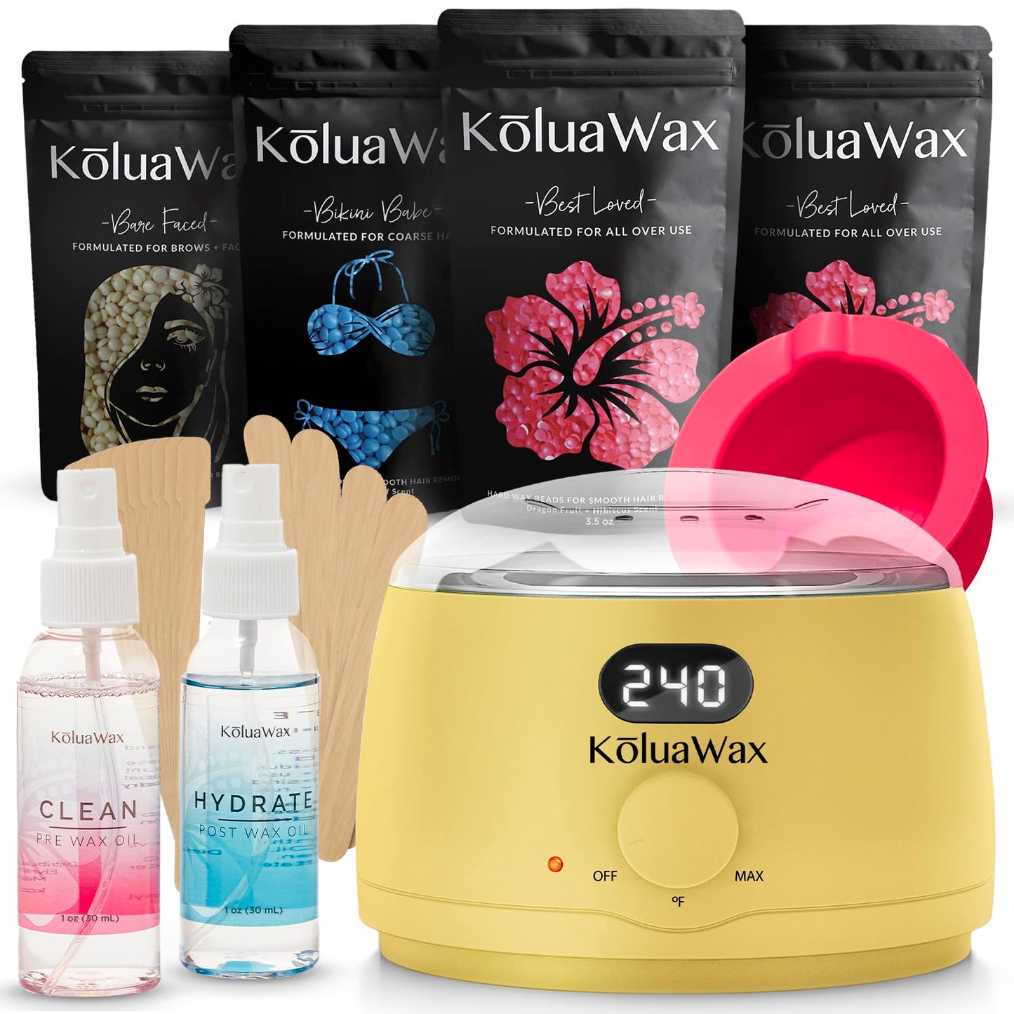KoluaWax Premium Waxing Kit for Women - Hot Melt Hard Wax Warmer for Hair Removal, Eyebrow, Bikini, Legs, Face, Brazilian Wax - Machine, 4-Pack Beads, Accessories, Sun