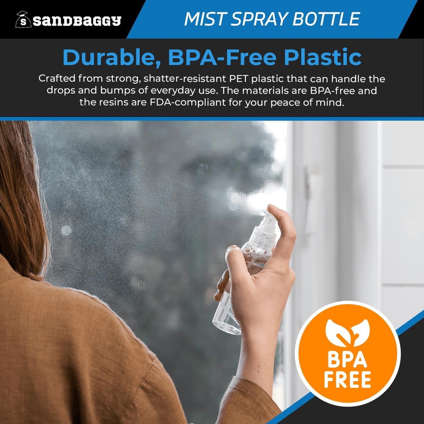 Sandbaggy 2 oz Plastic Spray Bottle | Fine Mist Sprayer | Clear, Transparent, Cylinder Shape | BPA Free (50)