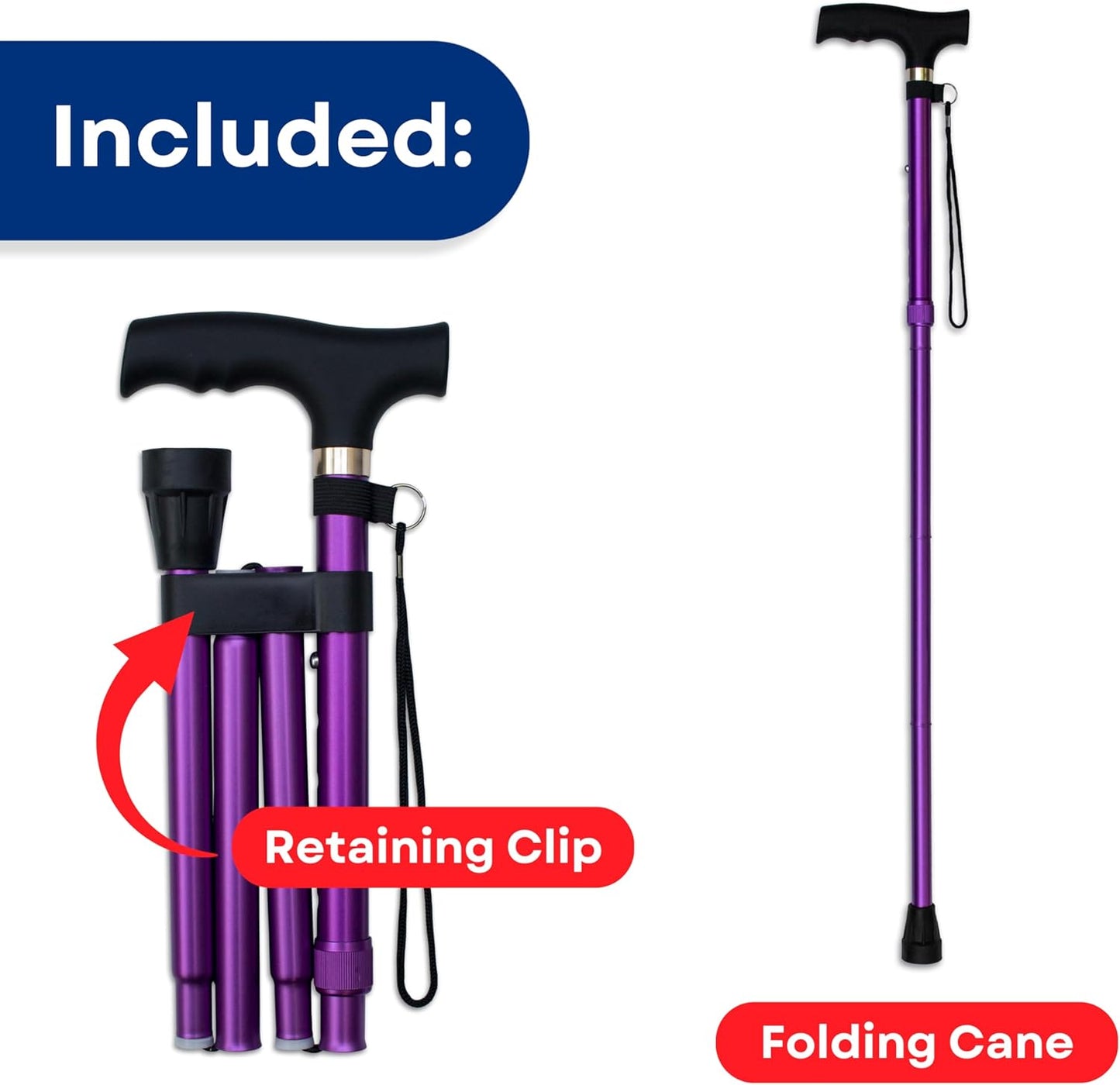 RMS Folding Cane - Foldable Walking Cane with Adjustable Height - Collapsible and Lightweight - Soft Ergonomic Handle for Comfortable Grip - Portable Walking Stick for Mobility Aid