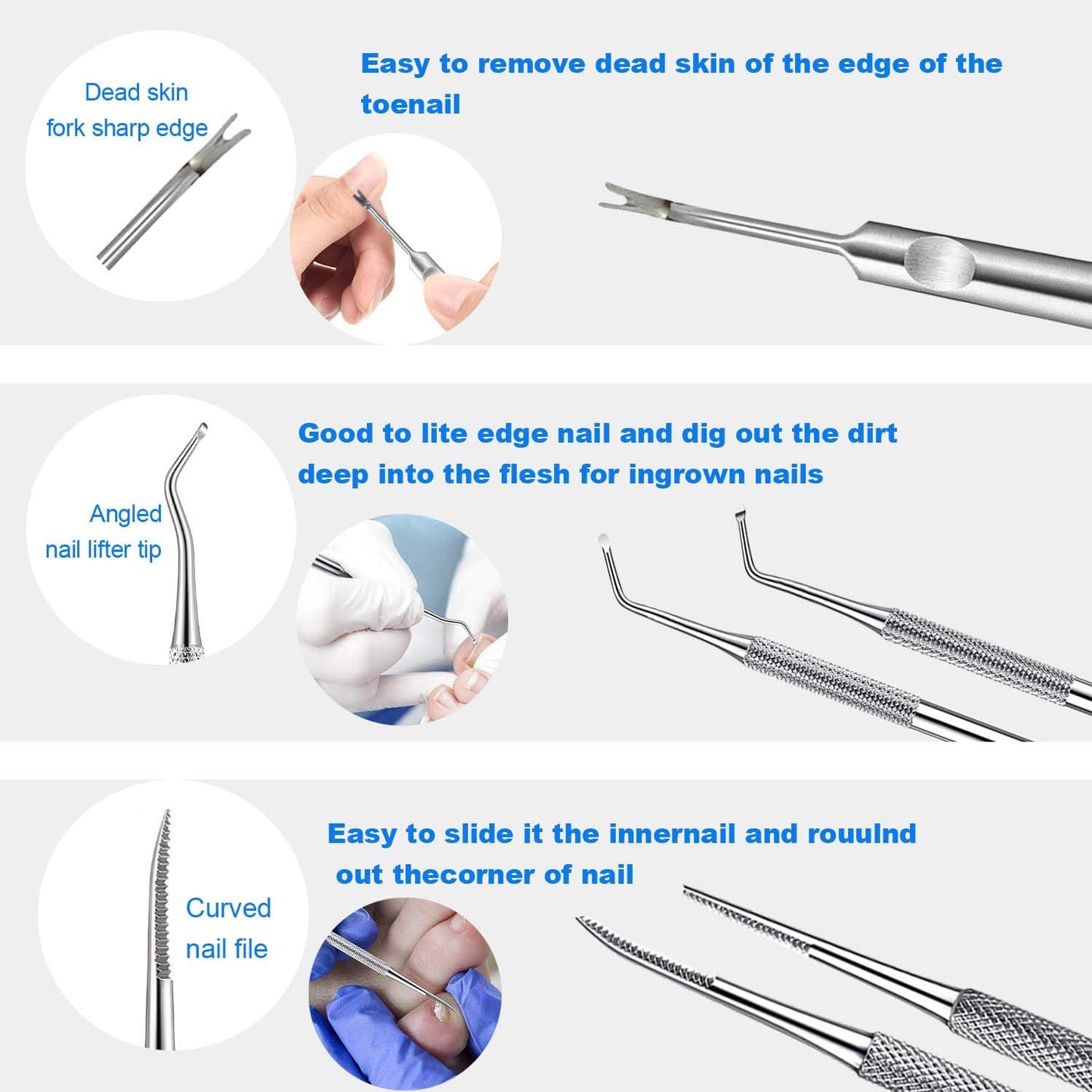 jindian Ingrown Toenail Pedicure Tool Kit Nail File and Nail Lifter Pusher Double-Sided Nail Manicure Kit Stainless Steel Nail Care, Tools Pain Relief (6PCS)