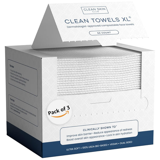 Clean Skin Club Clean Towels XL®, 100% USDA Biobased Face Towel, Disposable Face Towelette, Eczema Association Accepted, Makeup Remover Dry Wipes, Ultra Soft, 50 ct per pack, 3 Packs, 150 Ct Total