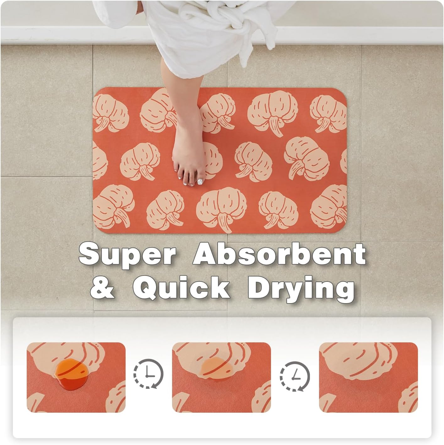 Halloween Bath Mat, Thin Halloween Bathroom Rug Non-Slip Quick Dry Pumpkin Bath Mat Fits Under Door Thin Floor Mat Fall Halloween Decor, 17’’x30‘’, Pumpkins Orange