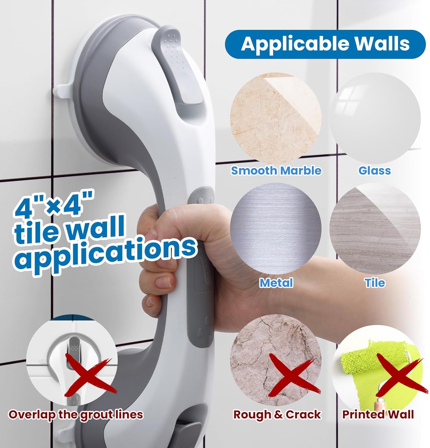 LEVERLOC Shower Grab Bar, 12 Inch Suction Grab Bars for Bathtubs, Shower Handle Handrail for Seniors Bathroom Safety Grip for Elderly, Heavy Duty No Drilling Removable,Grey