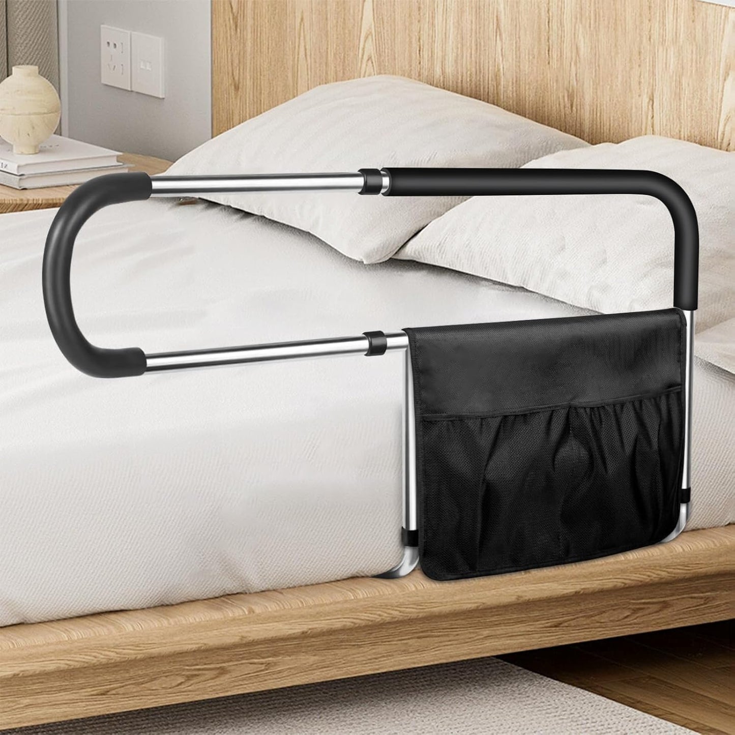 Bed Rails for Elderly Adults Safety, Stainless Steel Bed Assist Rail with Adjustable Side Railings for Seniors Bedside Fall Prevent Grab Bar with Storage Pocket,Fits King Queen Full Twin Bed