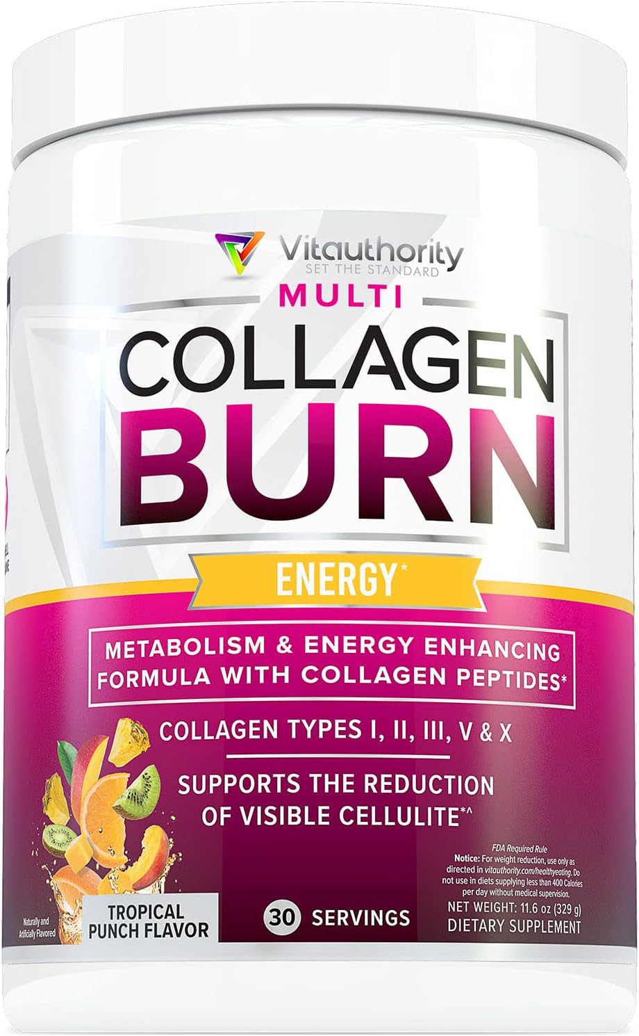 Multi Collagen Burn: MultiType Hydrolyzed Protein Peptides with Hyaluronic Acid, Vitamin C, SOD B Dimpless, Types I, II, III, V and X, with Caffeine 30 Servings Tropical Punch Flavored