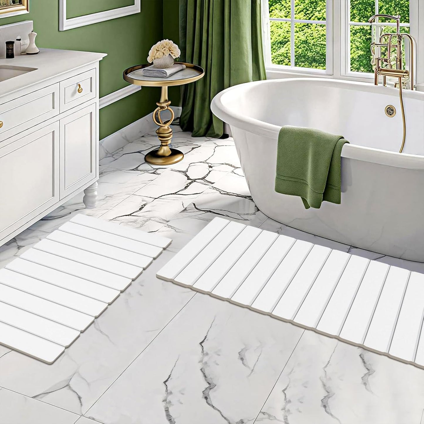 2 Pack Foldable Stone Bath Mats, White Super Absorbent Diatomaceous Earth Bath Rug, Non-Slip Shower Mat, Quick-Drying Bath Rug and Drying Mat for Tub and Shower