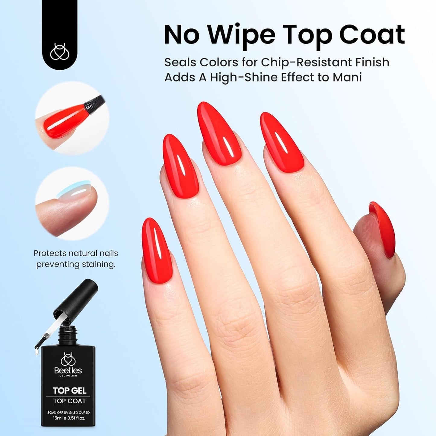 Beetles No Wipe Gel Top Coat, 15ml Top Coat Gel Nail Polish Clear Color Shine Finish and Long Lasting, Soak Off U v Nail Lamp Gift for Girls