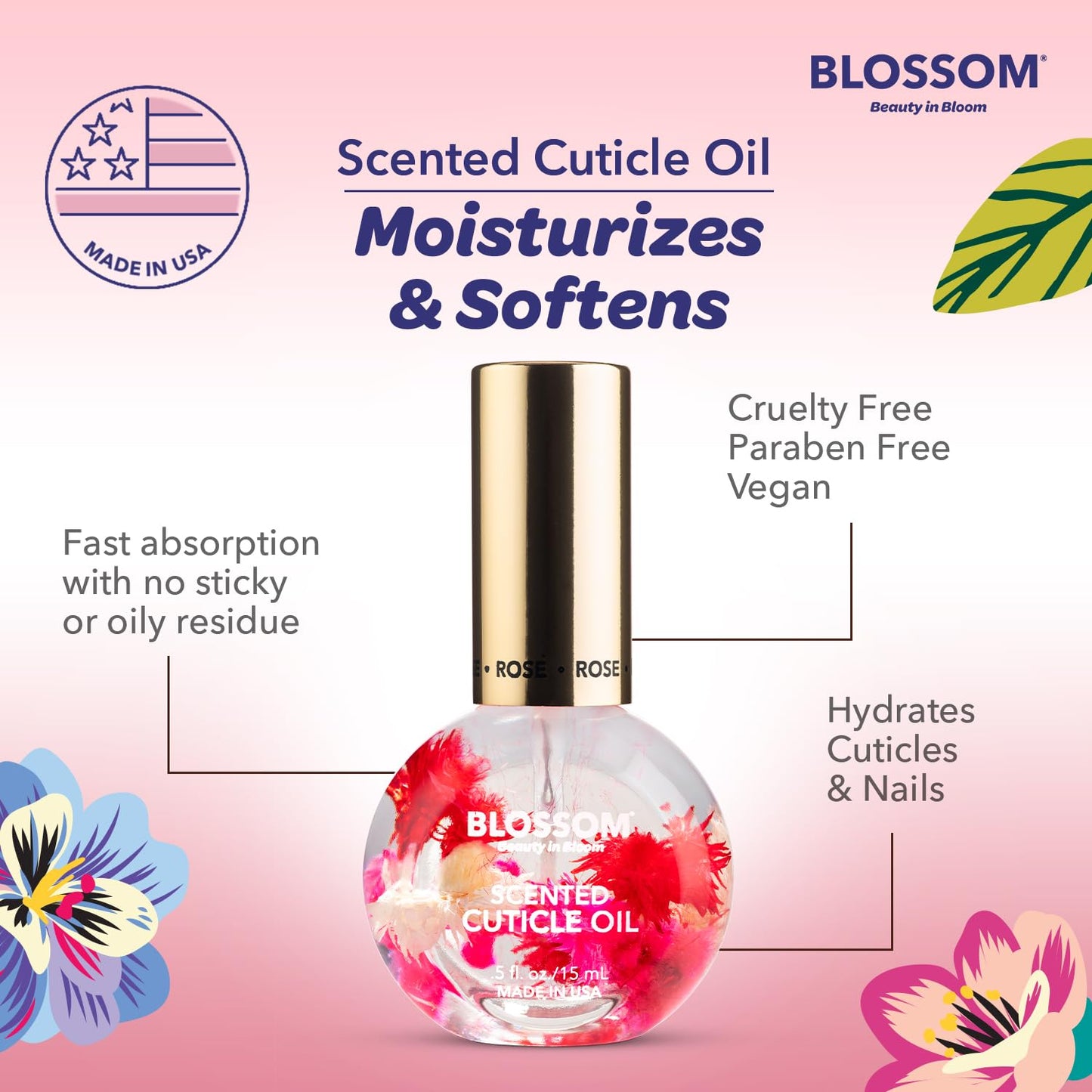 Blossom Cuticle Oil for Nails, Hydrating, Moisturizing, Scented Nail Oil Cuticle Care, Infused with Real Flowers, Made in USA, 0.5 fl. oz, Rose