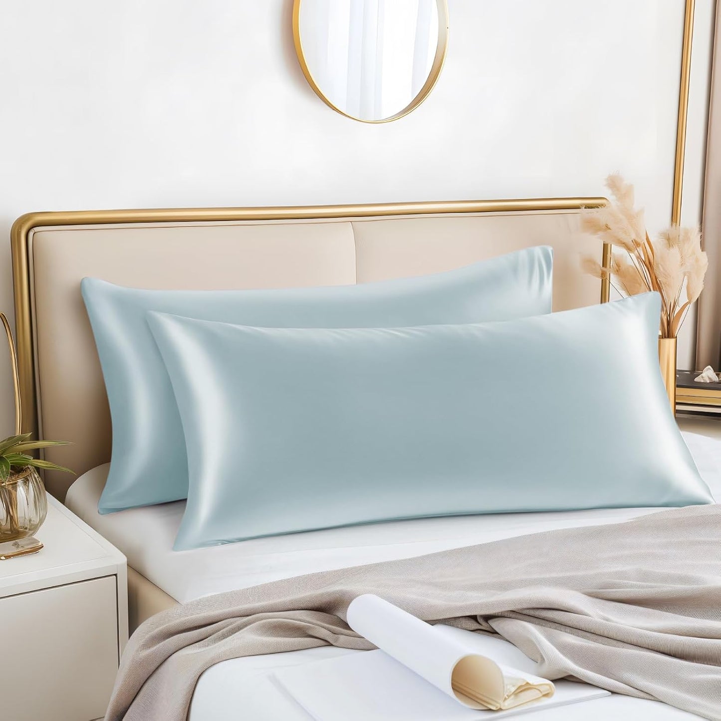 BEDELITE Satin Body Pillow Cover 2 Pack, Super Soft and Cooling Body Pillow Pillowcase for Hair and Skin, Breathable Silky Full Long Pillowcase Cover(20"x54", Stone Blue)