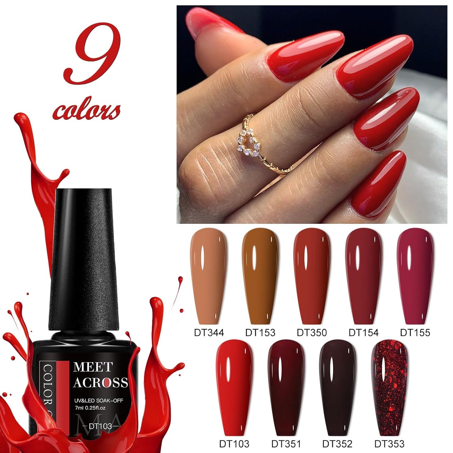 MEET ACROSS 9 Colors Gel Nail Polish + 3PCS Function Gel Nail Polish Kit,Fashion Nail Art Set Design Gifts for Women Manicure Salon (SET6, 12pcs)