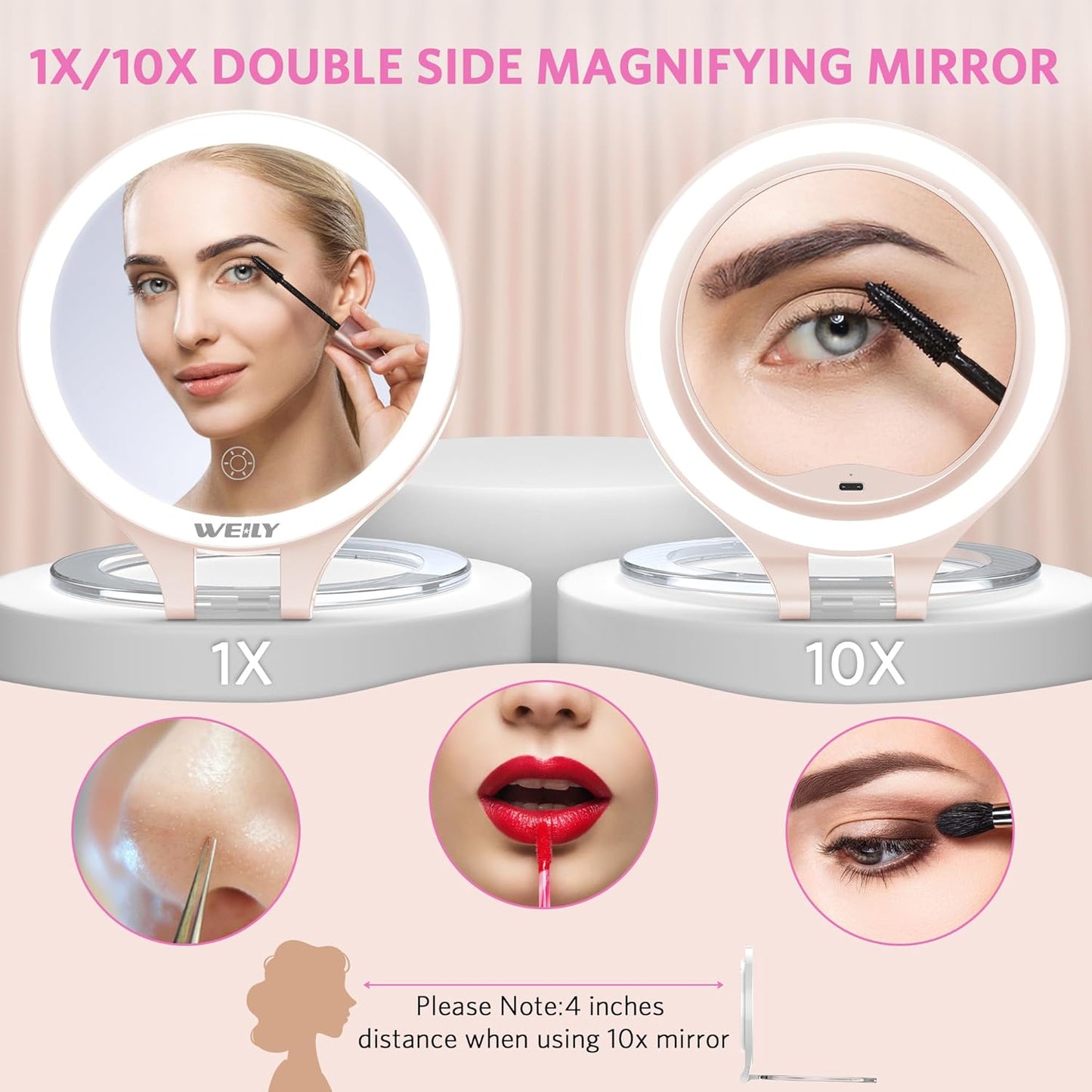 WEILY Magnifying Mirror with Light, 10X/1X Magnification Double-Sided Travel Makeup Mirror, with 3 Color Lights, Touch Control, Rechargeable Portable Mirrors for Bedroom, Bathroom (Pink)