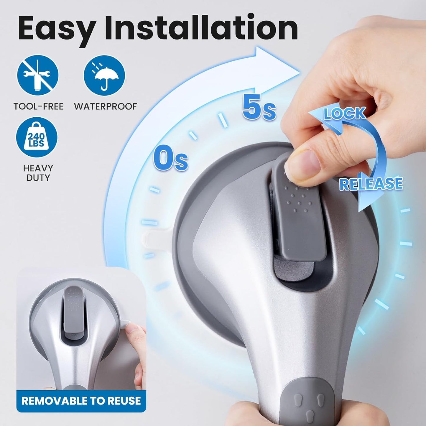 LEVERLOC Shower Grab Bar, 12 Inch Suction Grab Bars for Bathtubs, Shower Handle Handrail for Seniors Bathroom Safety Grip for Elderly, Heavy Duty No Drilling Removable,Silver