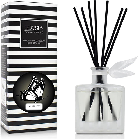 LOVSPA Reed Diffuser Set, White Tea Scented Oil Diffuser with Sticks, Home Fragrance Accessories for Bathroom Shelf Decor, Aroma Diffusers for Home or Office Desk, USA Made