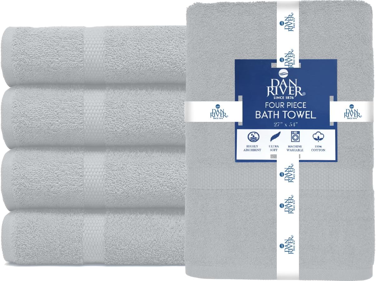 DAN RIVER Bath Towels Set of 4, 27 x 54 Inches, 100% Cotton, Larger & Lighter Weight, Quicker to Dry, Super Soft and Absorbent, Ideal Thick Towels for Daily Use, Silver