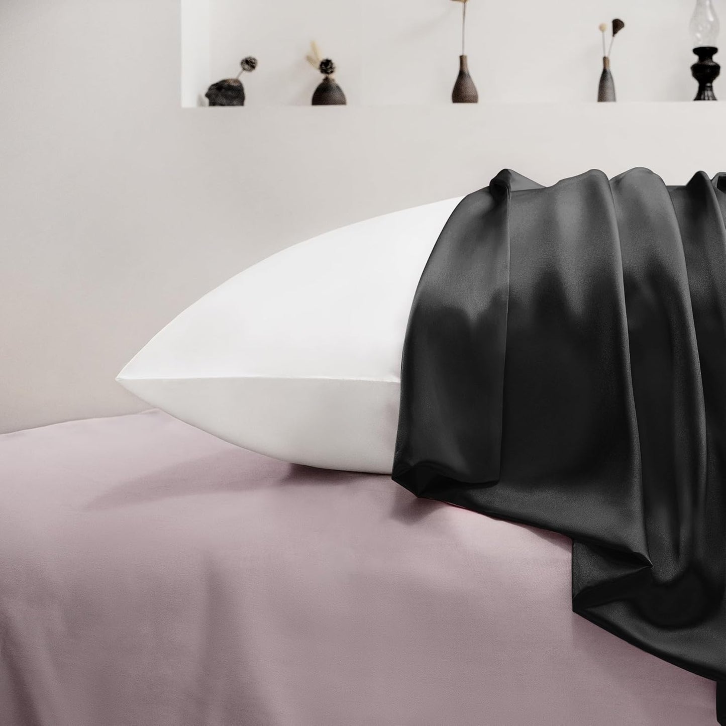 EXQ Home Silky Satin Pillowcase for Hair and Skin,Pillow Cases Standard Size Set of 2 Satin Pillow Case 2 Pack with Envelope Closure Black (Standard)