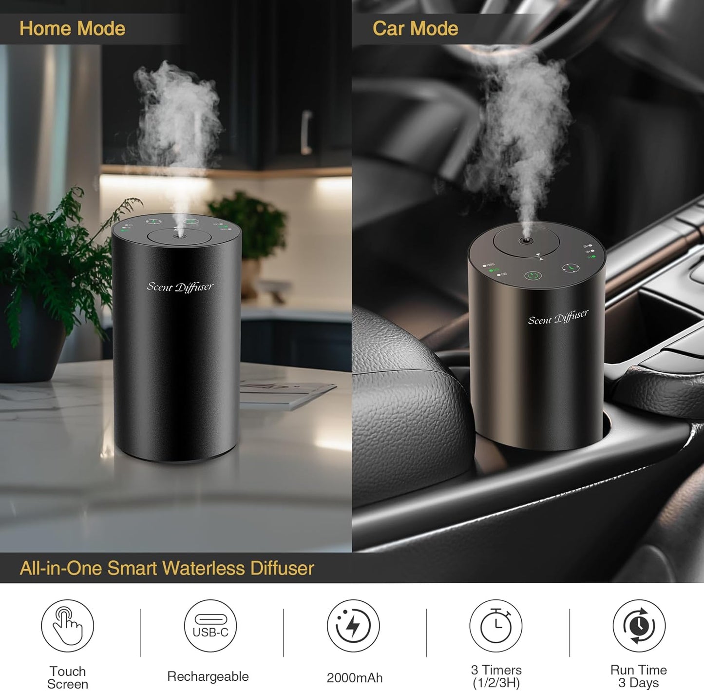 Waterless Essential Oil Diffuser Starter Kit - No Water Needed, Battery Operated Mini Scent Air Machine, Included 3x20ML Essential Oils, Portable Aromatherapy Diffuser for Home & Car, Black, 2Pack